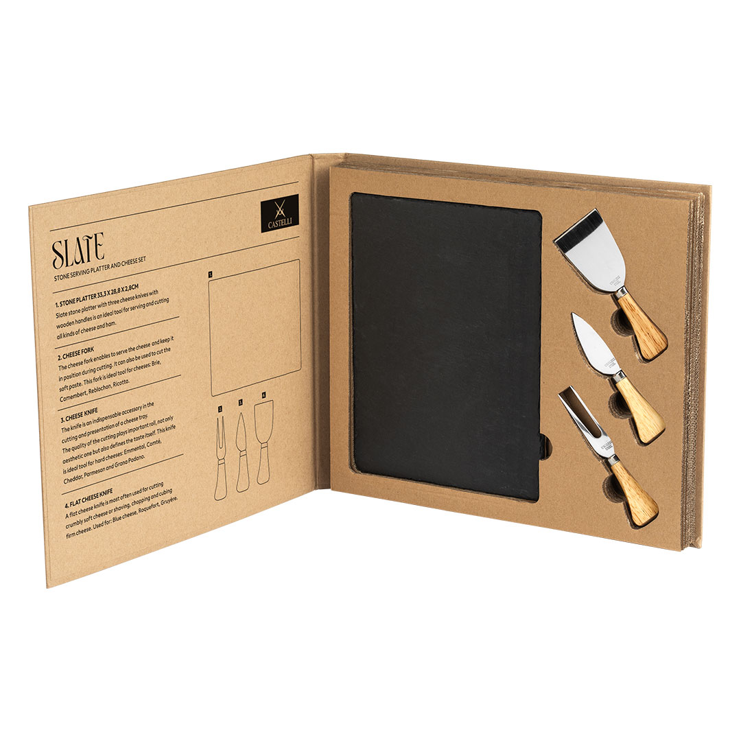 Set kamena ploča i pribor za sir sa drvenom drškom, 4/1
